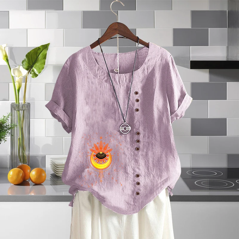 

2022 New Arrival Ladies Romantic Flower Printed Loose T-Shirt Breathable Linen Round Neck Solid Color Short Sleeve Top XS-5XL
