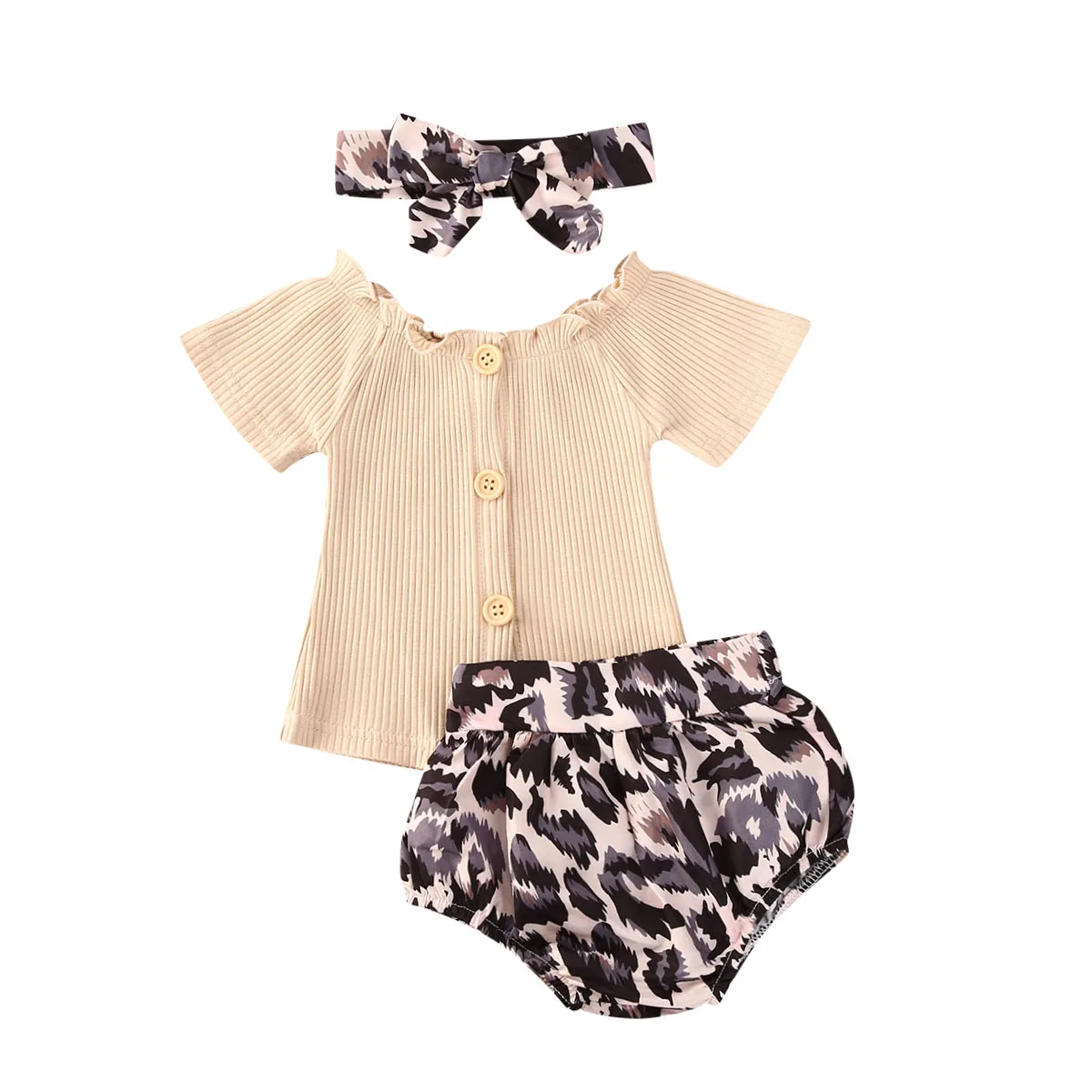 

0-18M Newborn Baby's Clothes Girl Leopard Knitted Ruffles Tops T-shirt Bow Bloomer Shorts Summer Outfits Children's Clothing Set