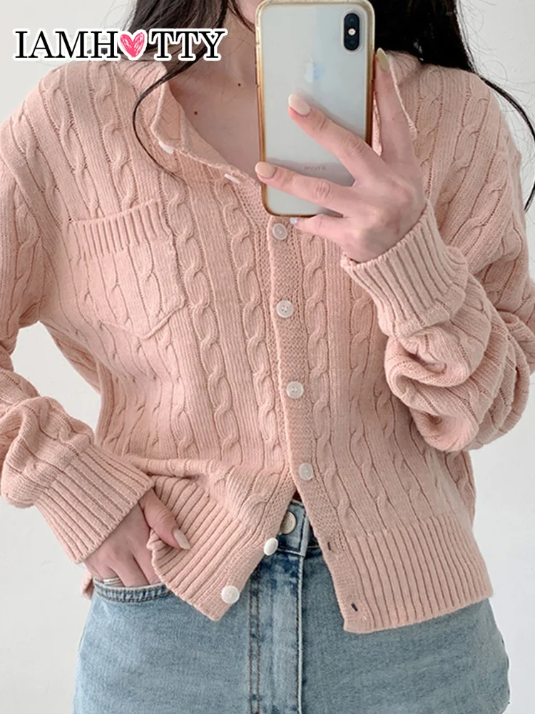 

IAMHOTTY розовый кавайный свитер, куртка, однобортный, в эстетике, вязаный кардиган, японская мода, короткое пальто для женщин