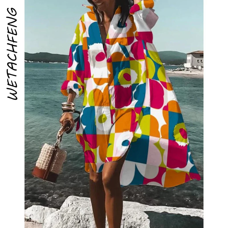 

Loose Casual Print Woman Dress Beach Summer T Shirt Blouses Long Sleeve Midi Dress 2022 Holiday Female Vestido Oversized Clothes