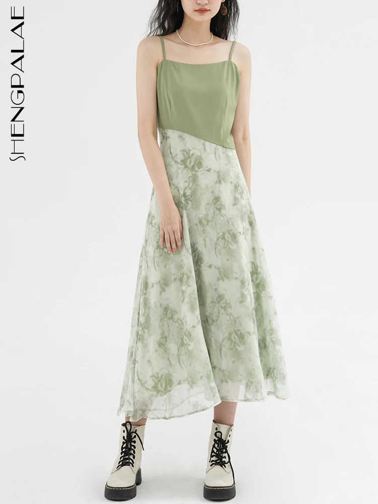 SHENGPALAE Korean Fashion Casual Green Strap Dress French Elegant Chic Print Robe Vestido Women 2023 Summer New Clothing R2357