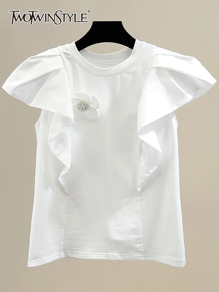 

TWOTWINSTYLE White Patchwork Floral T Shirt For Women Round Neck Sleeveless Ruffle Trim Solid T Shirts Female Summer Clothes New
