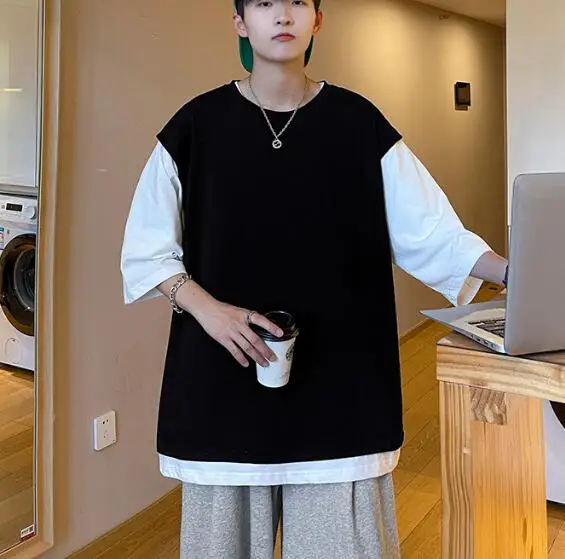 

New Men's StitchingColor Short Sleeve Round Colar Cotton Blend Loose T-Shirt ABD532