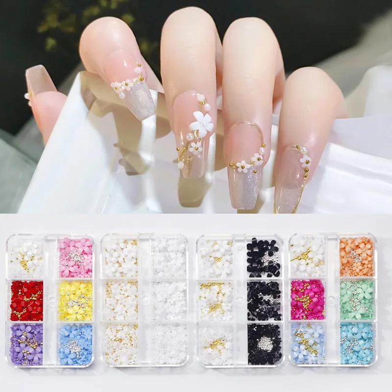 

1box Mixed Nail Art 3D Resin Flower Nail Jewerly 4/6/10MM Charm Five-Patal Floral Glitter Rhinestones DIY Manicure Strass Ongle