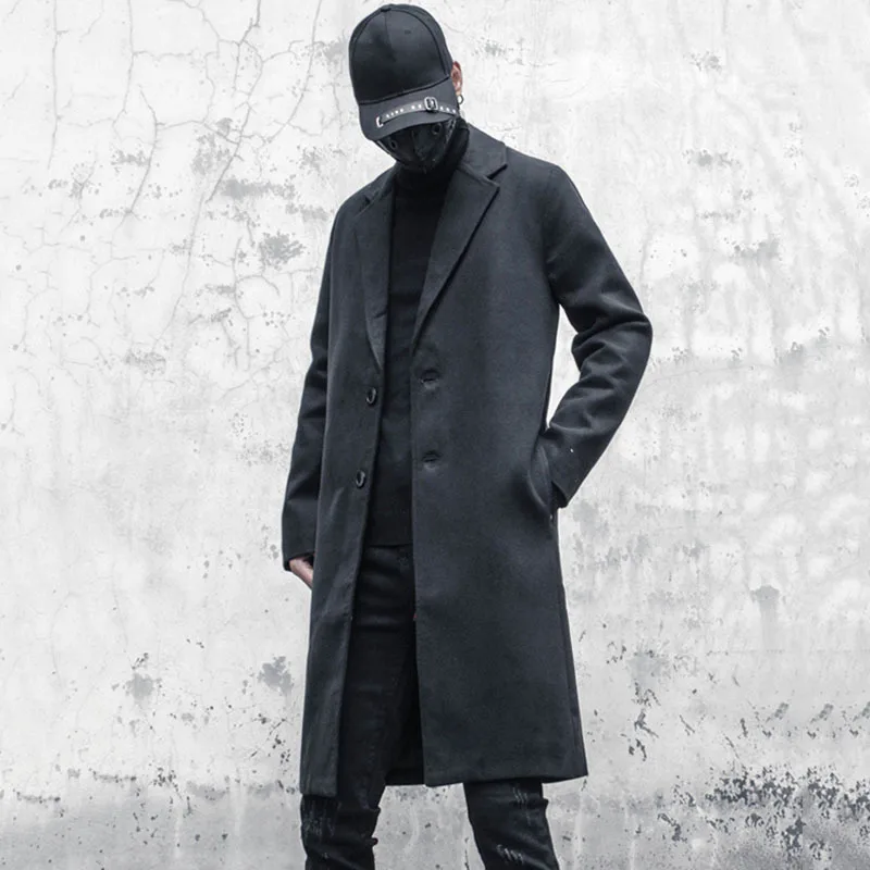 Мужское шерстяное пальто до колен PFNW черное однобортное утепленное с