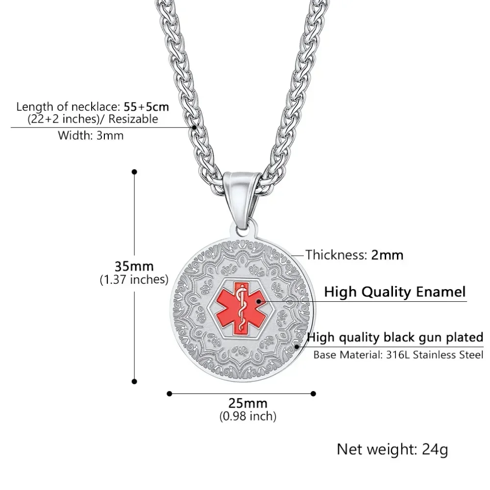 Ожерелье с подвеской из нержавеющей стали для медицинского оповещения мужчин и