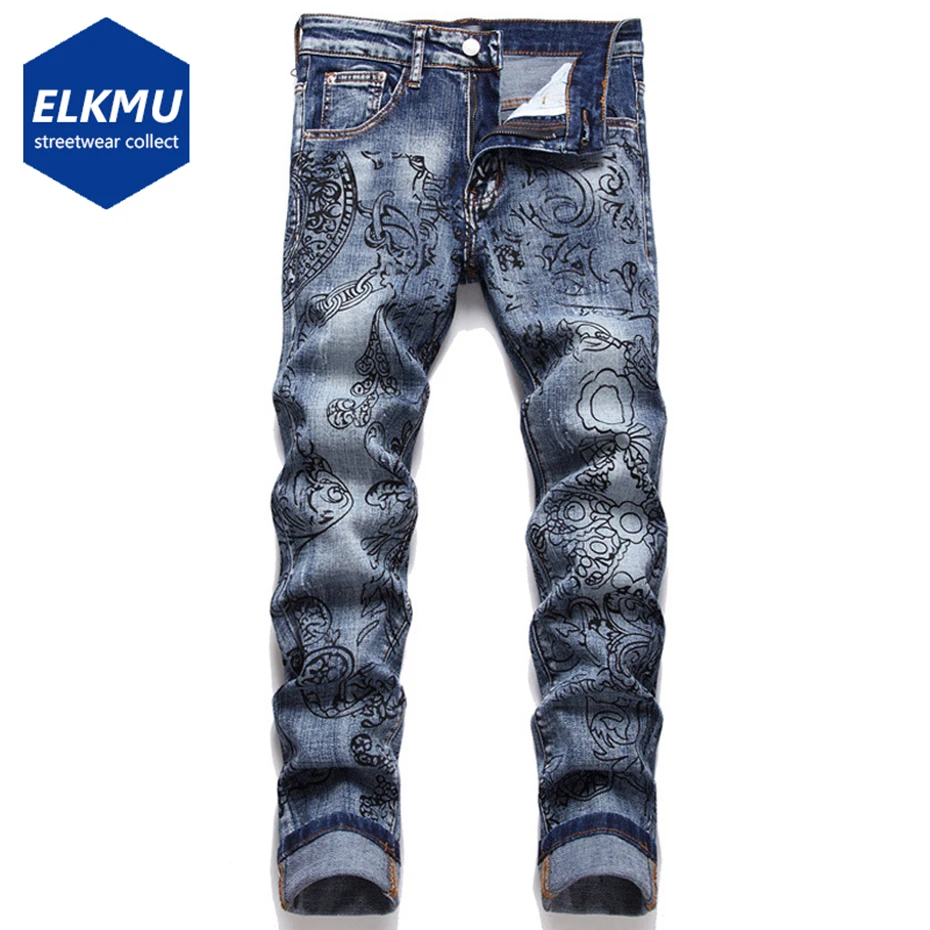 

Модные зауженные джинсы с принтом, уличная одежда, Y2K, джинсовые брюки, новинка 2022, мужские хипстерские джинсы в стиле хип-хоп