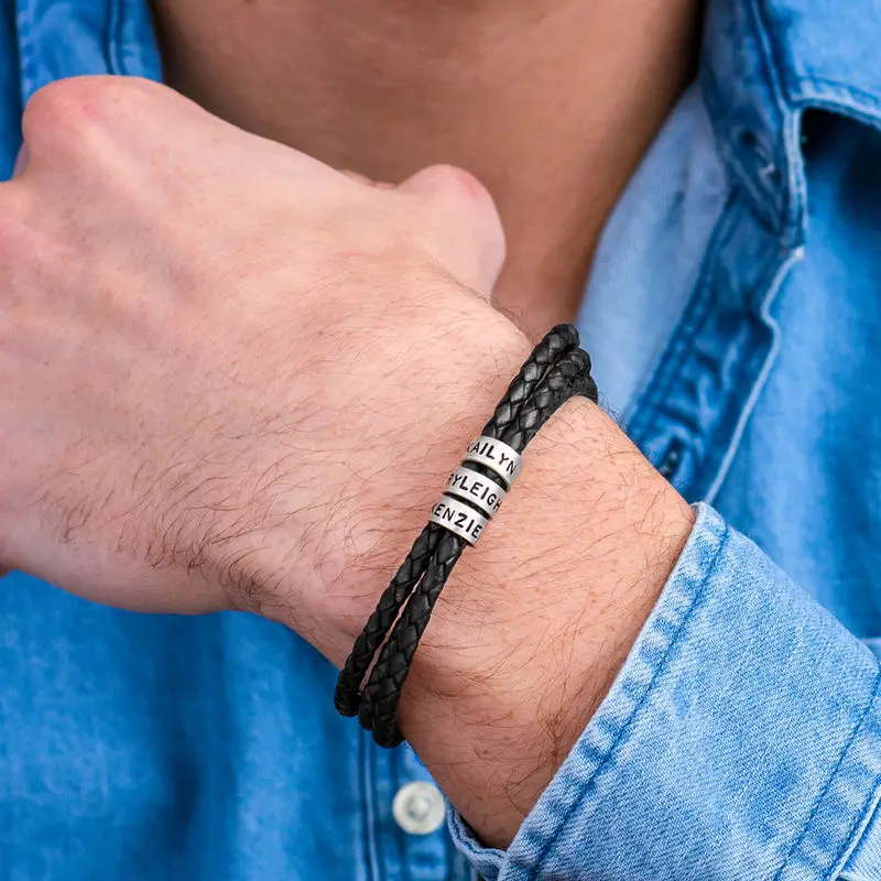 Personalized Men Bracelets Custom Stainless Steel Beads Leather Bracelets Gift for Boyfriend Father