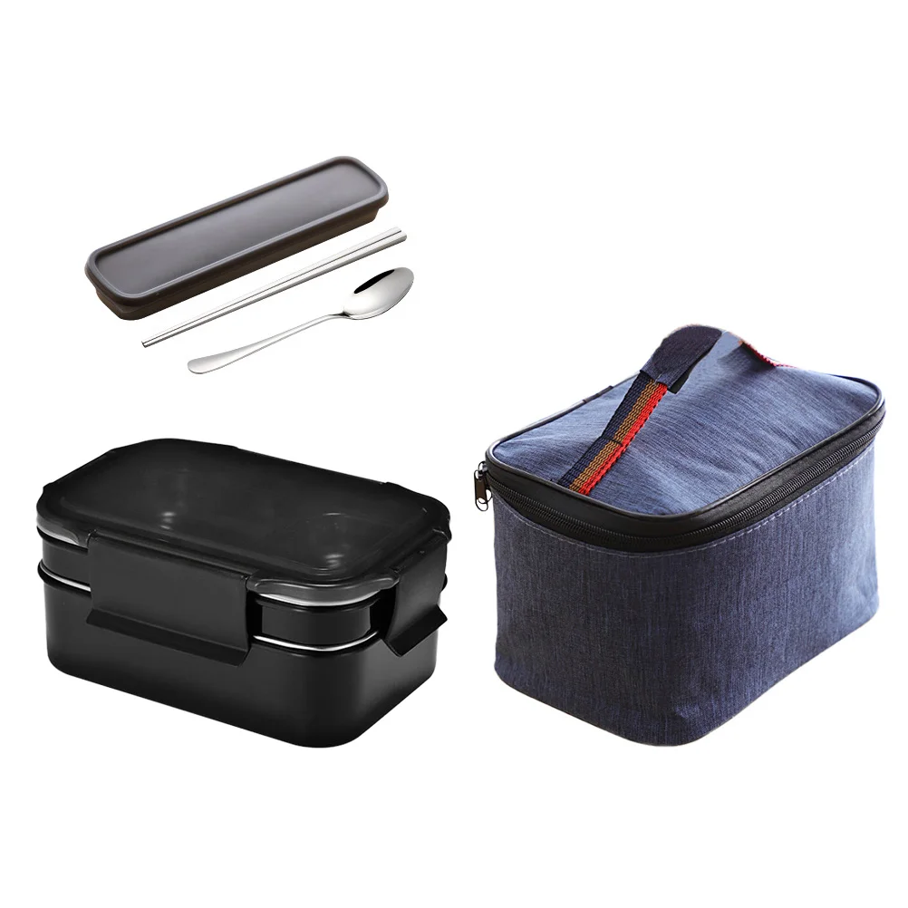 

1Pc Stainless Steel Food Box Portable Bento Box with Bag Cutlery (Black)