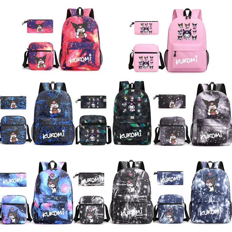

Милый рюкзак Kuromi Sanrio, сумка на одно плечо, сумка для ручек, три комплекта, милый школьный ранец Sanrio для студентов, мультяшная милая сумочка, подарки
