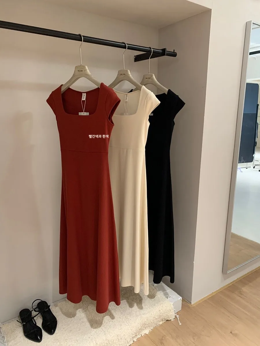 French sle Simple Square Collar Strap Dress Women Versatile Temperament Drape Waist Hugging Slimming Slim fit Long dress