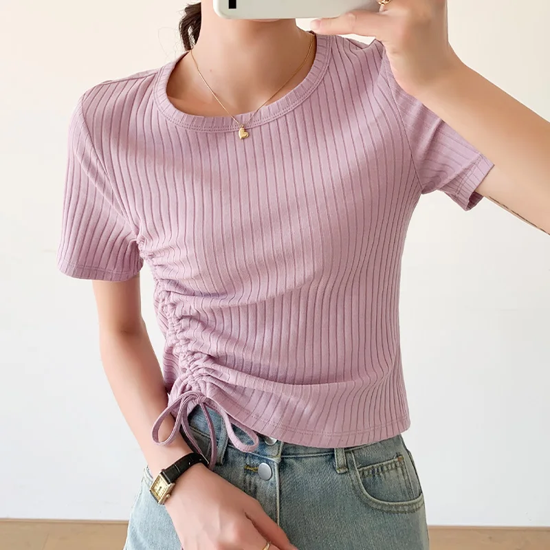 

Knitting Elasticity Women's T-shirt Summer High Street Top Slim Fit Short Sleeve 2022 New Tees Fashion Female Casual Clothes
