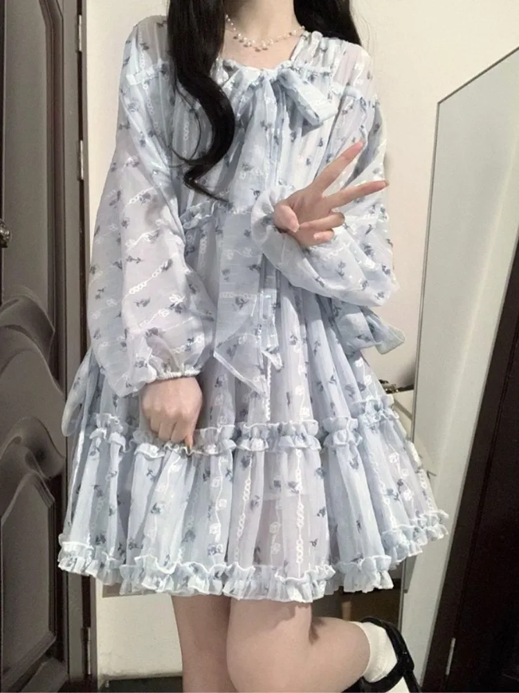 

Sweet Floral Print Ruffles Dress Sweet Kawaii Cute Girl Fairy Party Dresses Lactern Sleeve 2023 Autumn Spring