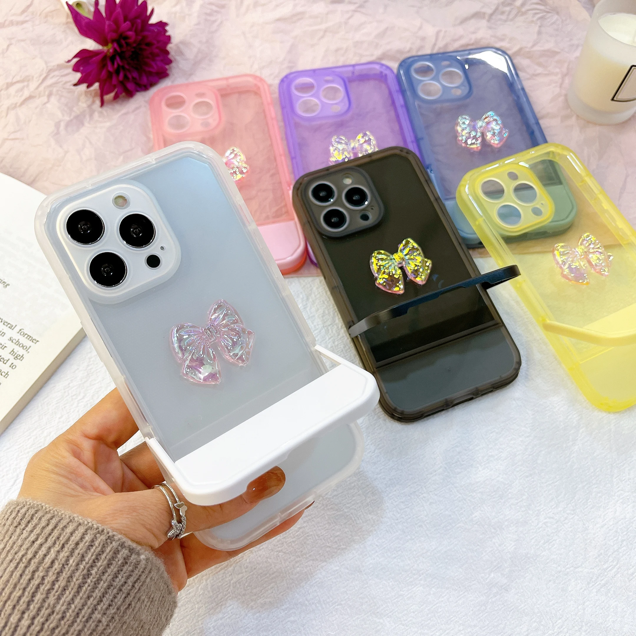 

Shockproof Transparent Phone Case for iPhone 13 Pro Max 11 12 XS XR XSMax Cute Laser Bow Tie Back Cover With Hidden Kickstand