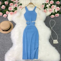 women knitted dress solid hollow out waist kint sling bodycon dresses summer sundress vestidos sexy female party dress robe