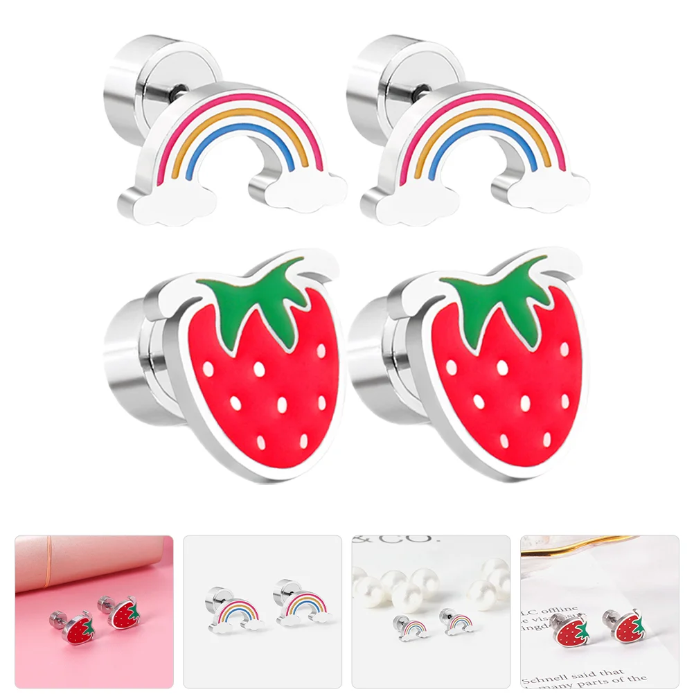 

2 Pairs Strawberry Earrings Rainbow Earrings Set Stud Earrings Teens Tiny Earrings