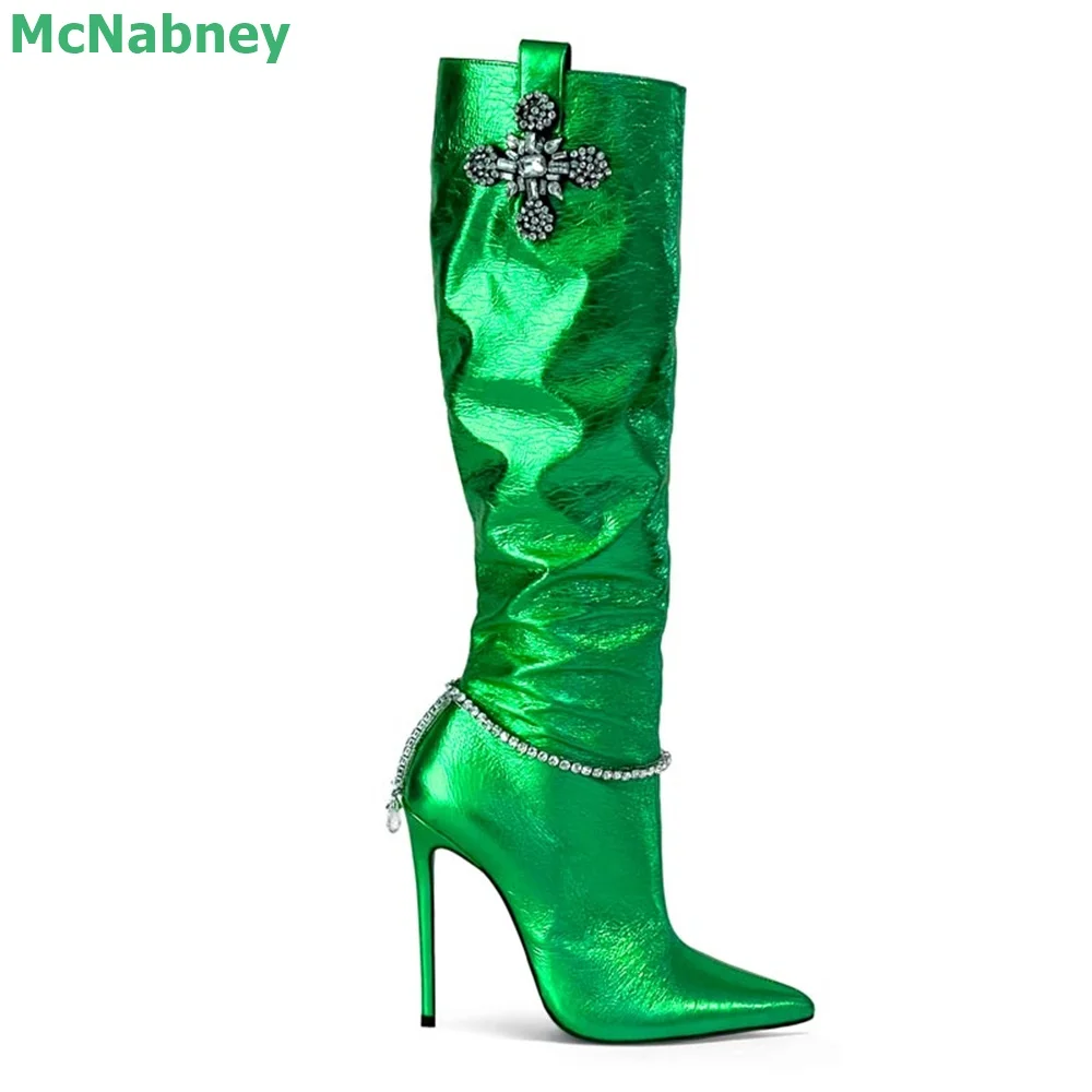 

Neon Colors Crystal Design Luxury Winter Boots For Female Women Solid Pointed Toe Thin High Heel Mid-calf Handamde Elegant Shoes