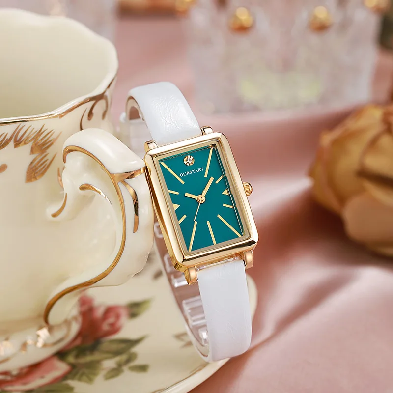 

Simple Square Green Diamond Dial Ladies Dress Wristwatch Relogios Femininos Retro Leather Band Women Quartz Watches