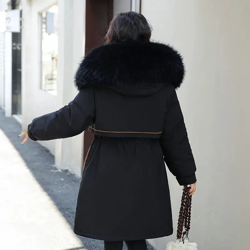 2022 Fleece Thick Women's Parka New Slim Waist Drawstring Big Fur Collar Splicing Outwear Casual Winter Jackets Female Coats Top