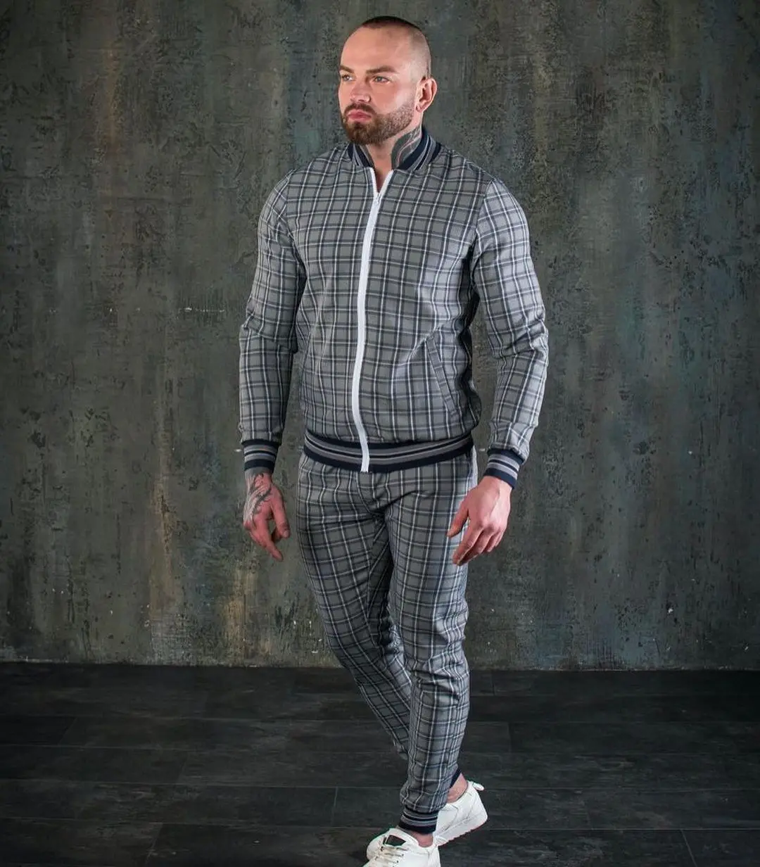 2022 Two Piece Outfits Suit Men Autumn Thin Plaid Fashion Zipper Jacket Trousers 3D Suit Gentlemen Clothing Sportswear