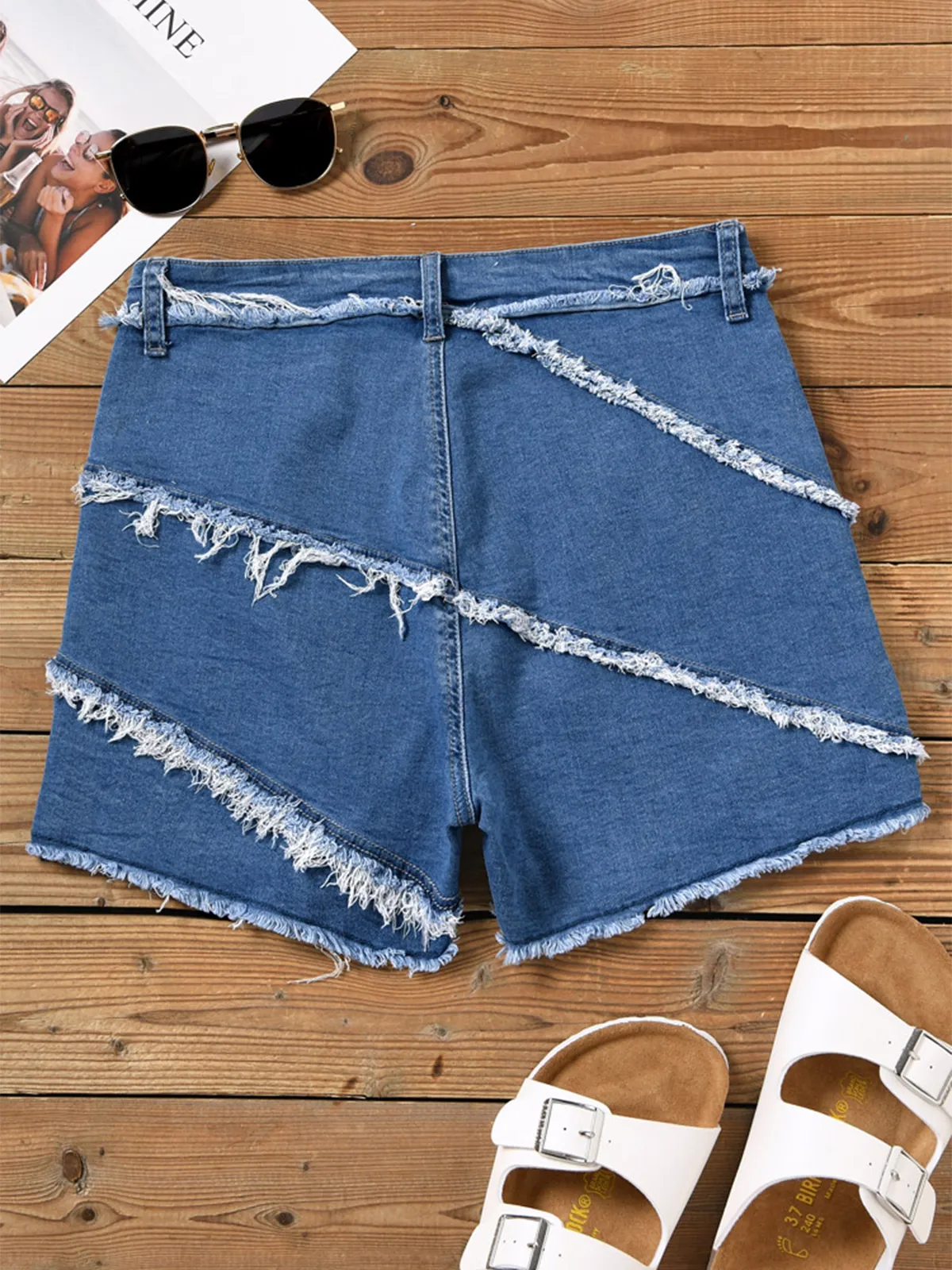 Summer Pocket Button Frayed Hem Denim Shorts Women Harem Ruffled Blue High Waisted Shorts Female Elastic Short Jeans