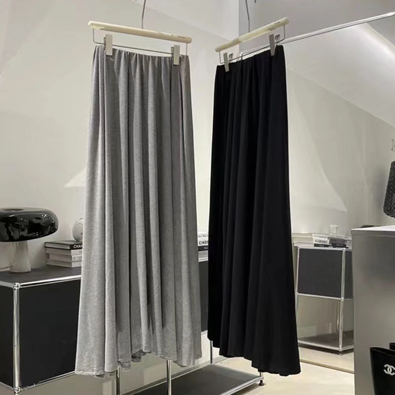 Женская Повседневная Серая Длинная Юбка Модная Однотонная Плиссированная