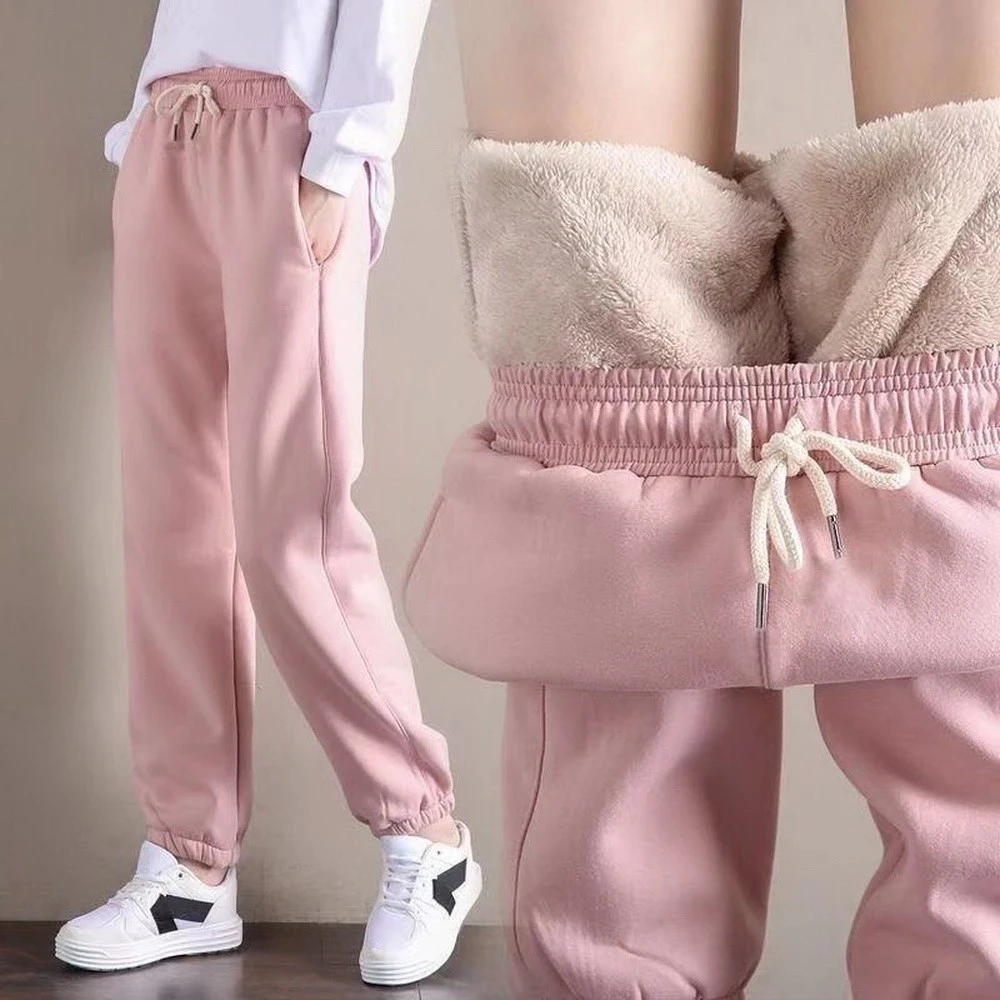 

Dropshipping Winter Women Fleece Pants Casual Keep Warm Thick Trousers Fashion Loose Drawstring Sweatpants Plush Leggings