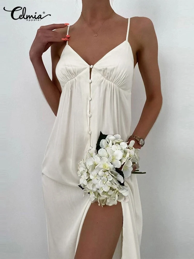 

2022 Sexy Spaghetti Strap Pajama Long Sleepwear Celmia Summer Women Casual Loose V Neck Nightgown Buttons Camisole Maxi Dress