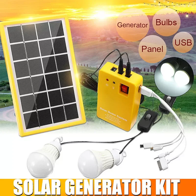 

NEW 3W Solar Panel Emergency Light Kit Solar Generator 4 Heads USB Charger Cable + 2 LED Light Bulb for Outdoor Camping Solar Li