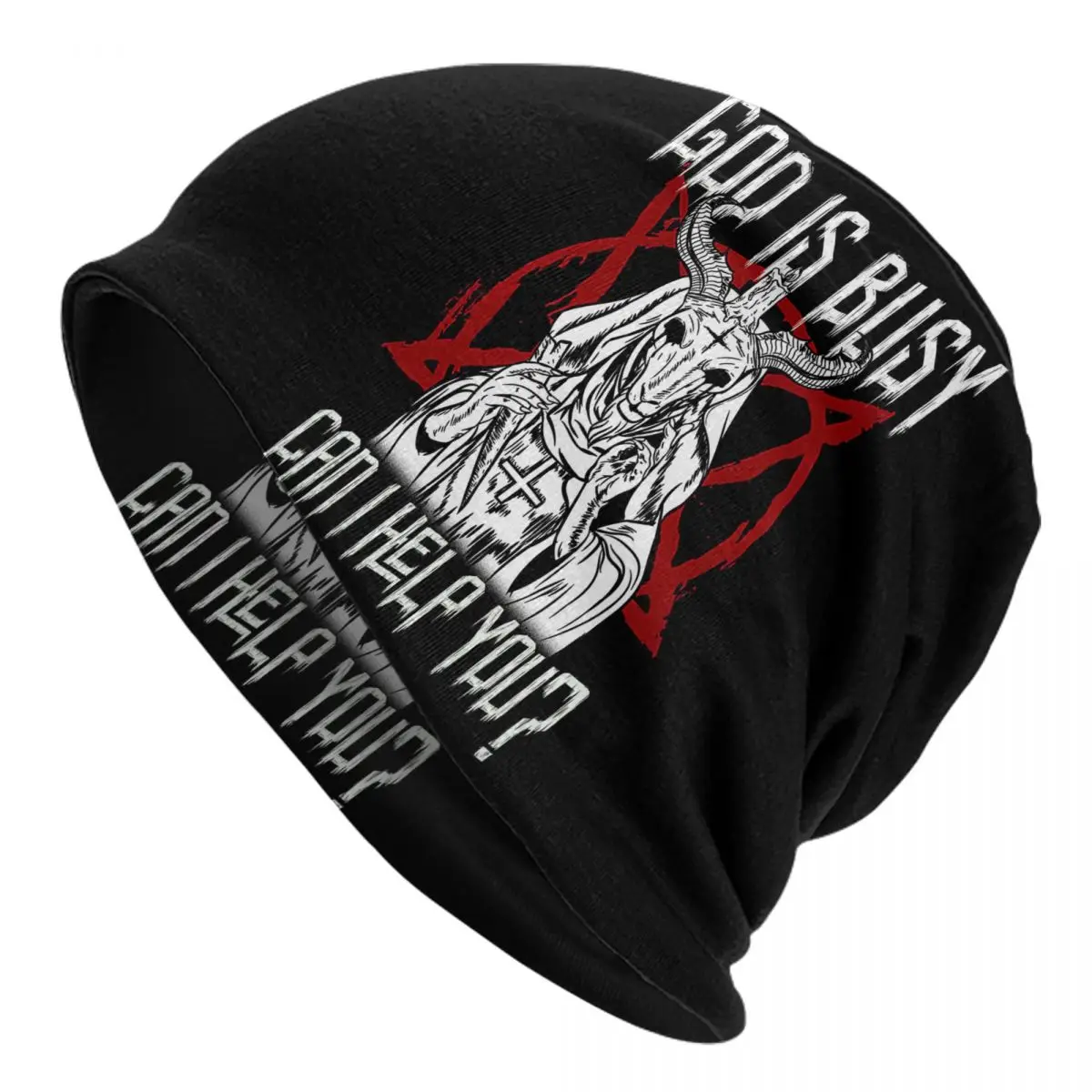 

God Is Busy Can I Help You Satanic Baphomet Print Adult Men's Women's Knit Hat Keep warm winter Funny knitted hat