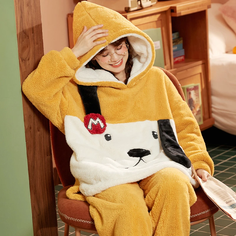 

Winter Sleepwear Women Pajamas Set Fleece Velvet 2 Piece Cute Dog Home Suit Sleep Plush Hooded Piiama Warm Night Wear Homewear