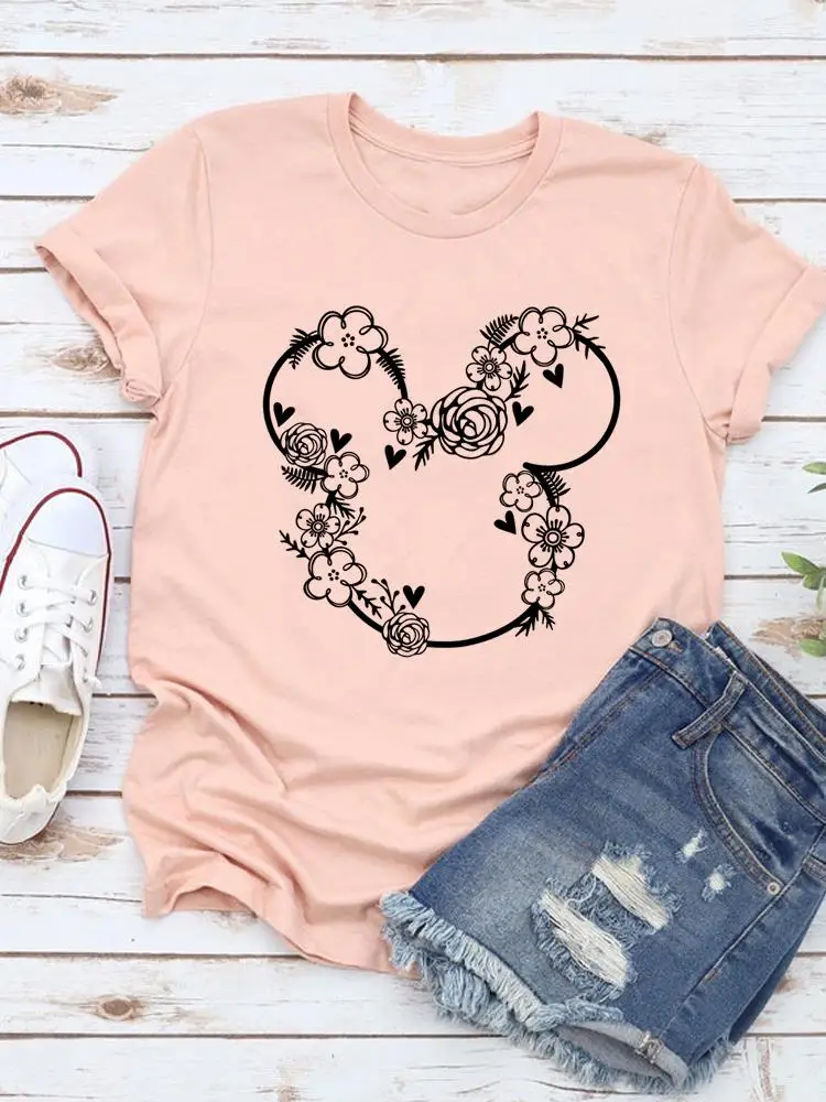 Disney Flower Floral Sweet Mickey Mouse Clothing Women Top Cartoon Short Sleeve Shirt Fashion Graphic T-shirts Summer Tee