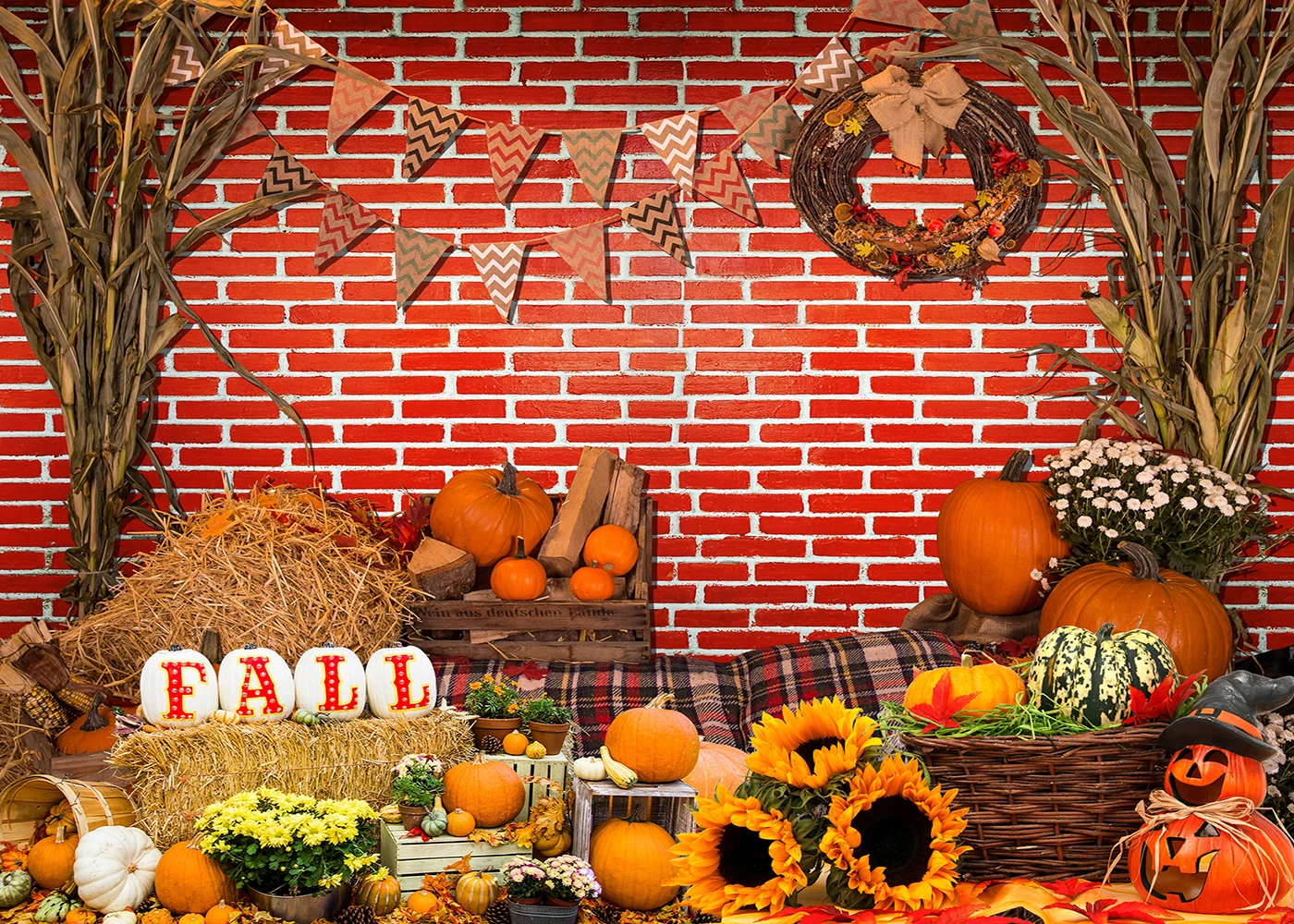 

Fall Thanksgiving Backdrop for Photography Red Brick Wall Harvest Background Autumn Pumpkin Decor Photo Studio Booth Props