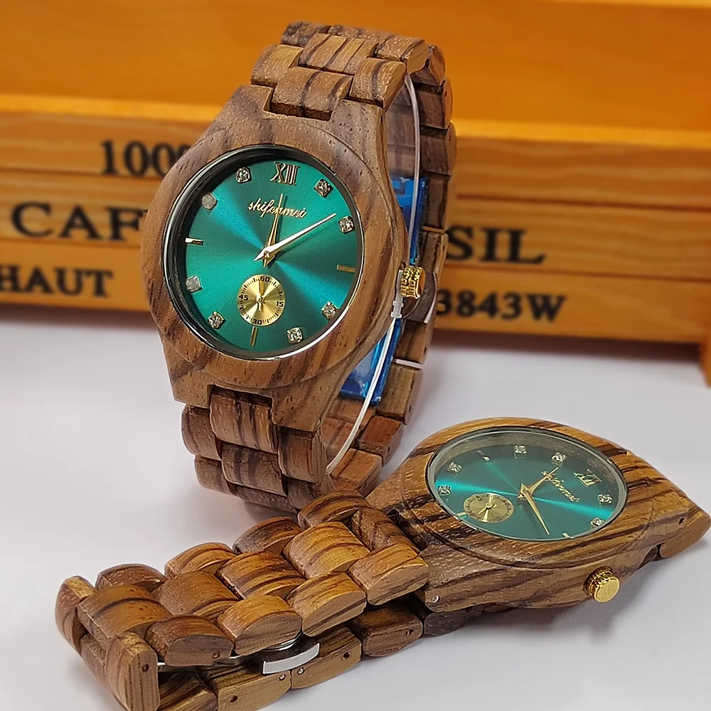 Women's Wooden Classic Emerald Green Watch Luxury Quartz Wristwatches Chronograph Clock Fashion Wood Watches For Montre en bois