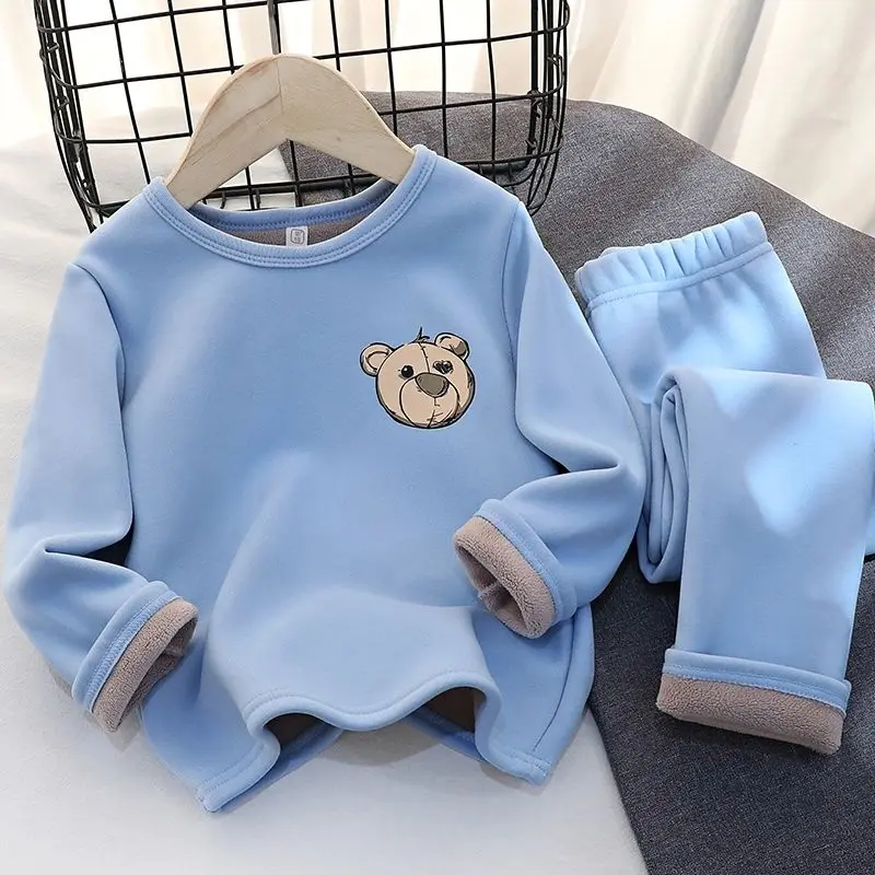 Children's Warm Pajamas Boys' Plus Velvet Padded Suit Girls' Winter Wear Bottoming Pants