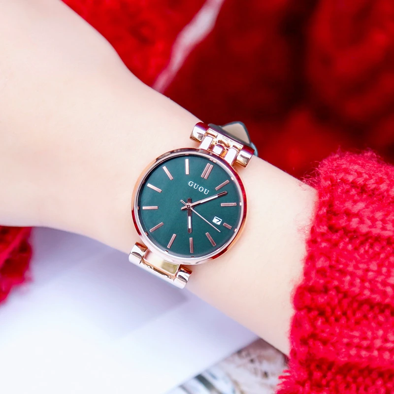 Fashionable women's quartz watch rose gold simple versatile calendar strap waterproof watch enlarge