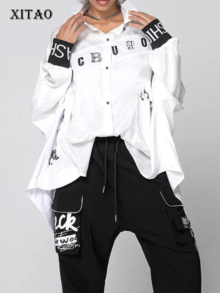 

XITAO Street Trendy Irregular Shirt Loose Fashion Letter Print Turn-down Collar Women All-match Top Simplicity New GWJ2838