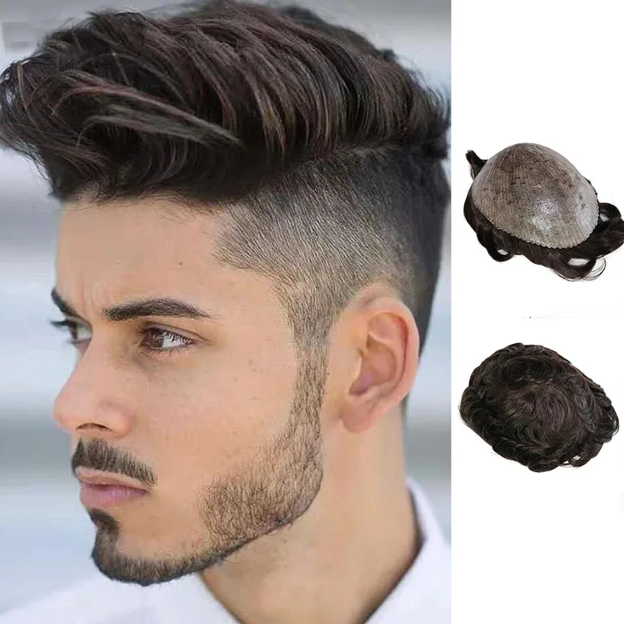 Men's Wigs Super Durable Full Pu Human Hair Thin Skin Toupee Male Capillary Prosthesis Replacement System Wave Black Hair Pieces