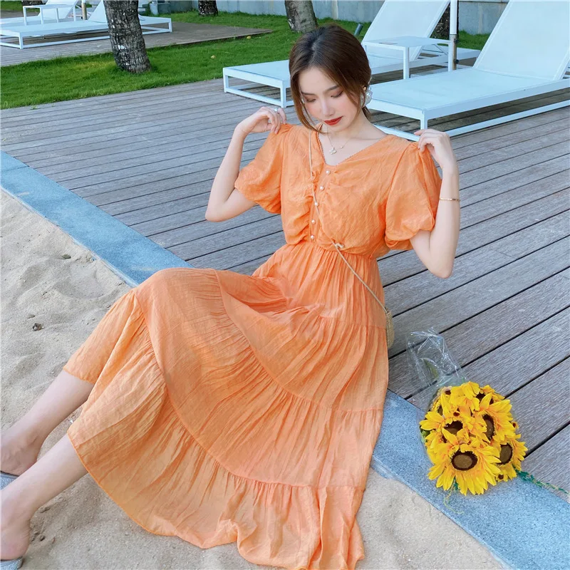 Платье женское длинное однотонное оранжевое с коротким рукавом и V-образным