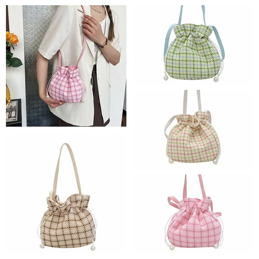 Элегантная решетчатая женская сумка-мешок на шнурке винтажная милая сумка через