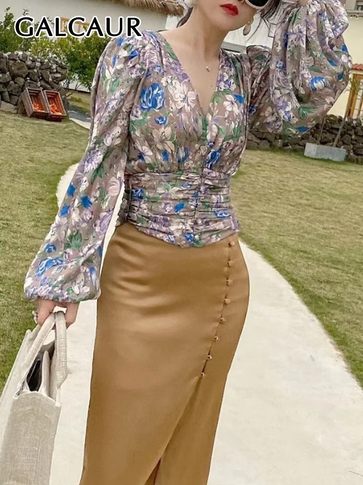 

GALCAUR Vintage Pullover Shirts For Women V Neck Long Sleeve Printing Hit Color Loose Casual Folds Tunic Blouse Female Spring