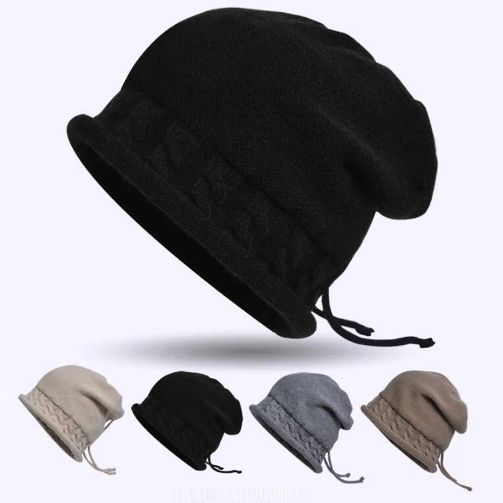 

Мужская зимняя теплая шапка для взрослых унисекс новая шерстяная Женская Вязаная Шапка-бини с крупным шнурком повседневные хлопковые шапк...