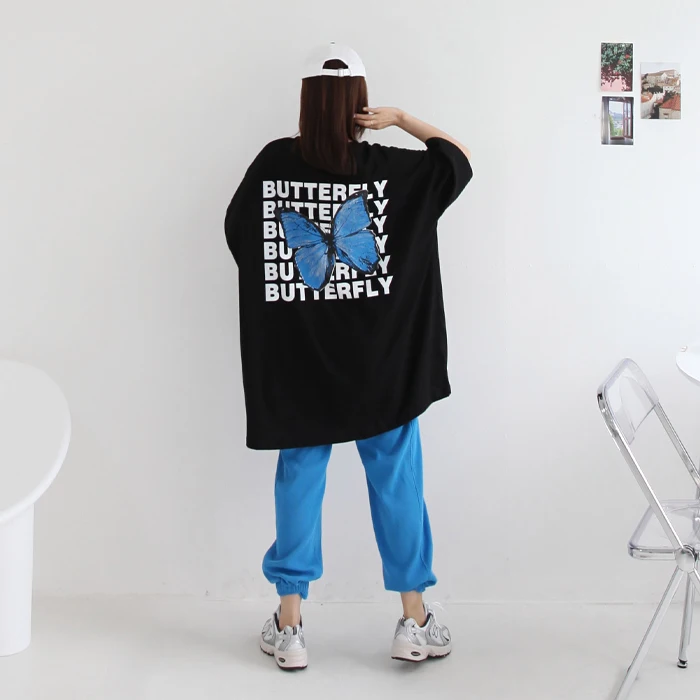 

오버핏 반팔 나비 롱박스 캐주얼 여름 롱티셔츠