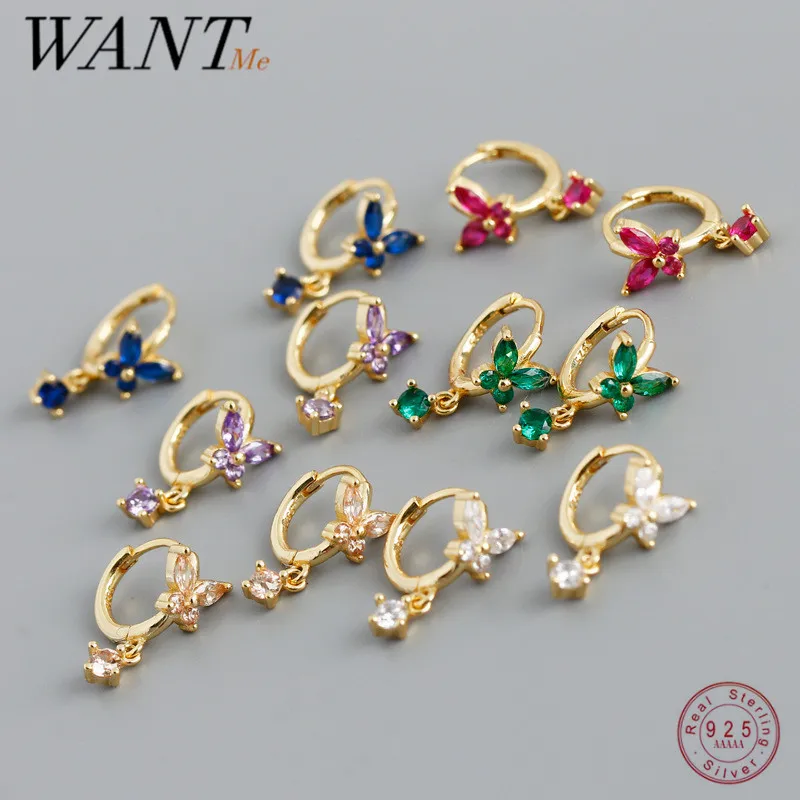 

WANTME 925 Sterling Silver Fashion Colorful Zircon Bow Pendant Drop Earrings for Women Romantic Charm Piercing Wedding Jewelry