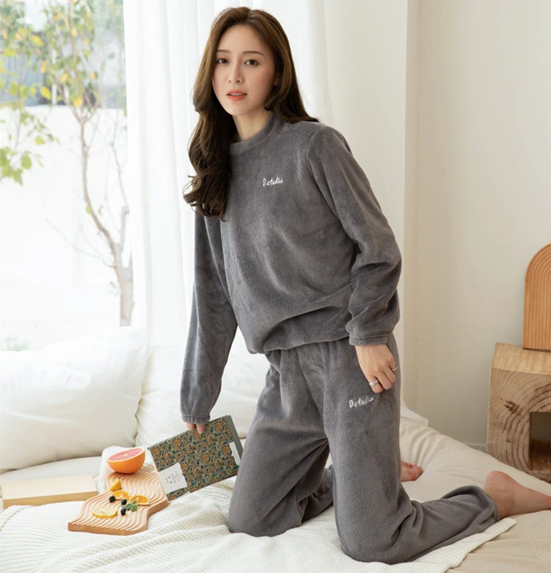 Round Neck Ladies Pajama Sets Thicken Autumn And Winter Keep Warm Nightgown Comfortable Soft Sleepwear Suit Simple Style
