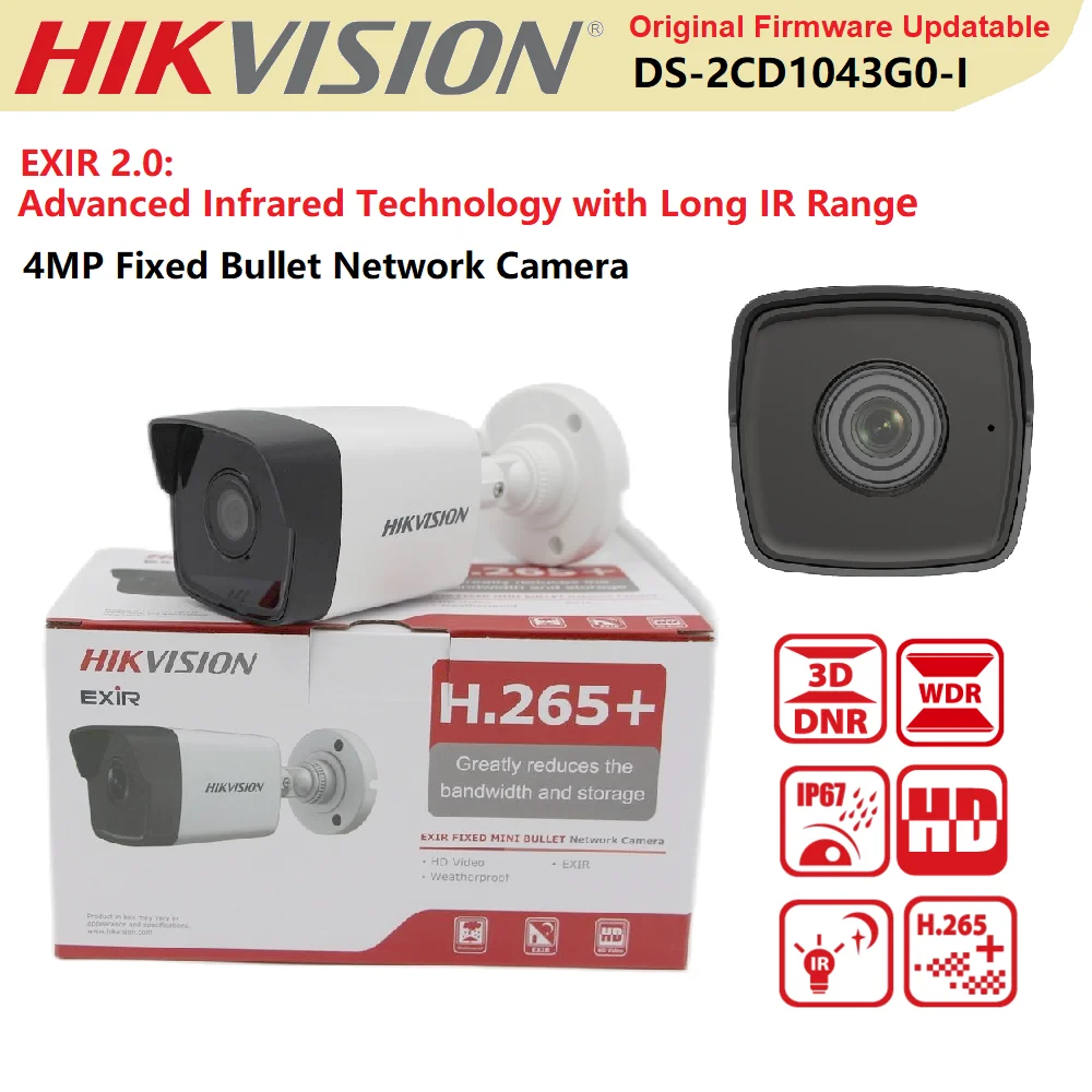 

Original Hikvision IP Camera DS-2CD1043G0-I 4MP Water&Dust Resistant High Protection Level IP67 EXIR2.0 Mini Fixed Bullet Cam