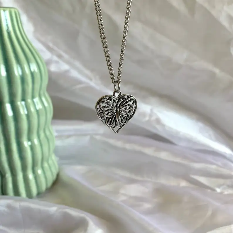 

Silver Butterfly Heart Necklace Butterfly Charm Necklace Women Jewelry Gifts
