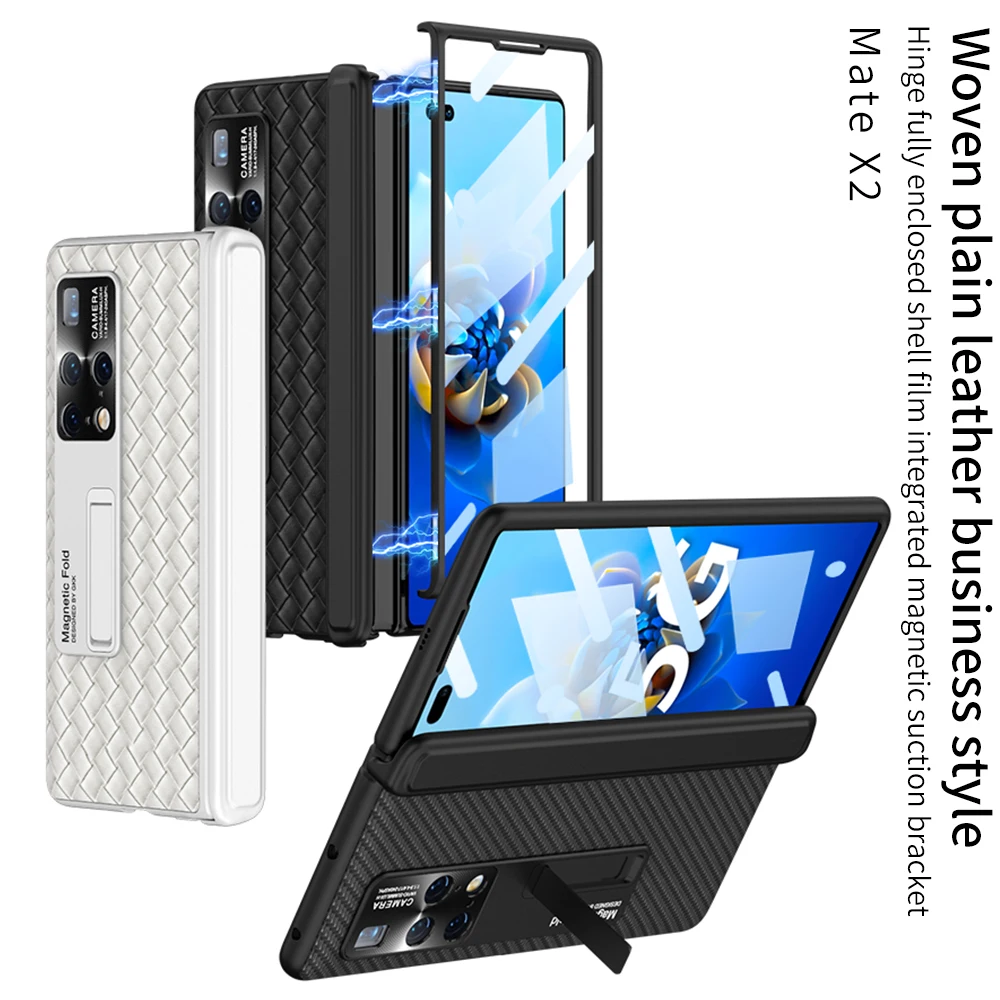

For Huawei Mate X2 Case Weaving Texture Plain Leather Magnetic Folding Hingle With Tempered Film Shockproof Cover Accessories