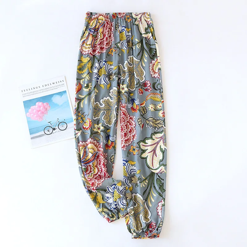 Fdfklak Casual Pantalones De Mujer Printing Loose Sleepwear Pant For Women Cotton Rayon Home Wear Pajamas Pants Female Trousers