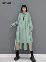 xitao fashion tassel splicing shirt dress solid color casual loose long sleeve turn down collar 2021 autumn new women wmd2941